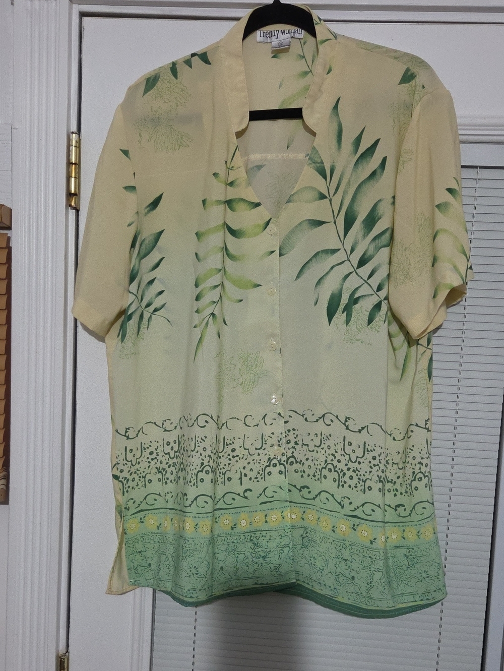 Pale Yellow Button-Front Blouse with Green Leaf Print